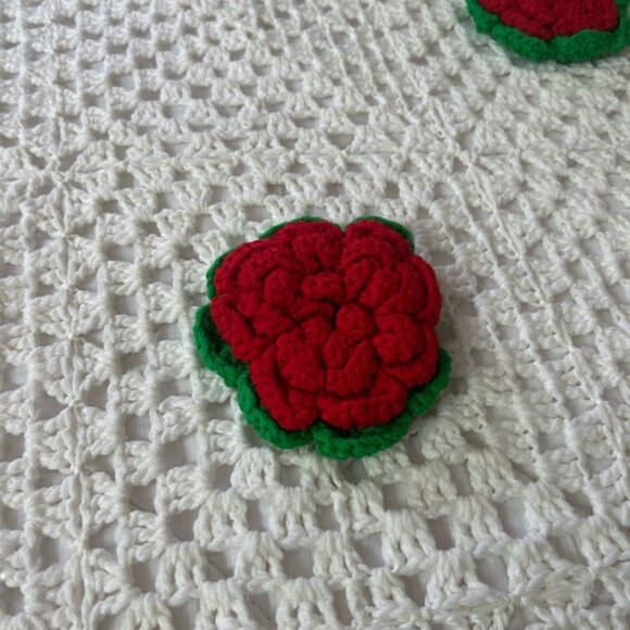 Vintage Boho Crochet Blanket with Red and Green Floral Rose Accents 104 inchX93 - Picture 5 of 16